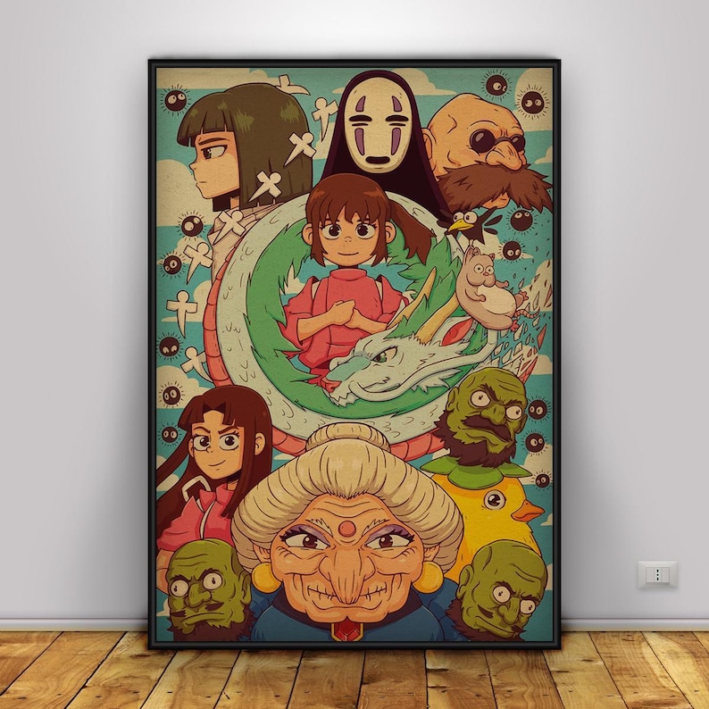 May include: A framed poster featuring characters from the animated film Spirited Away. The artwork showcases a variety of characters in a colorful, vintage style, including Chihiro, No-Face, and Haku the dragon, set against a light blue background.