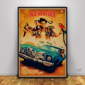 May include: Ace Ventura Pet Detective film poster. The poster shows the main character surrounded by animals. A blue car is in the foreground, with the text "Miami Dolphin Mascot Stolen" on a newspaper.