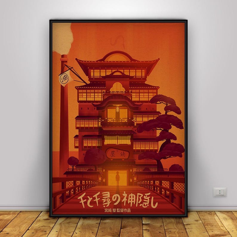 May include: A framed poster featuring a stylized illustration of a Japanese bathhouse. The artwork is dominated by shades of orange and red, with a detailed depiction of the building, bridge, and surrounding trees. Japanese text is visible at the bottom.