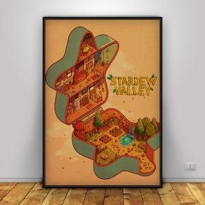 May include: A framed poster featuring a detailed illustration of a Stardew Valley-themed scene. The artwork depicts an open, green, clamshell-shaped structure revealing a cozy interior and an outdoor garden with a pond. The words "Stardew Valley" are written in yellow.