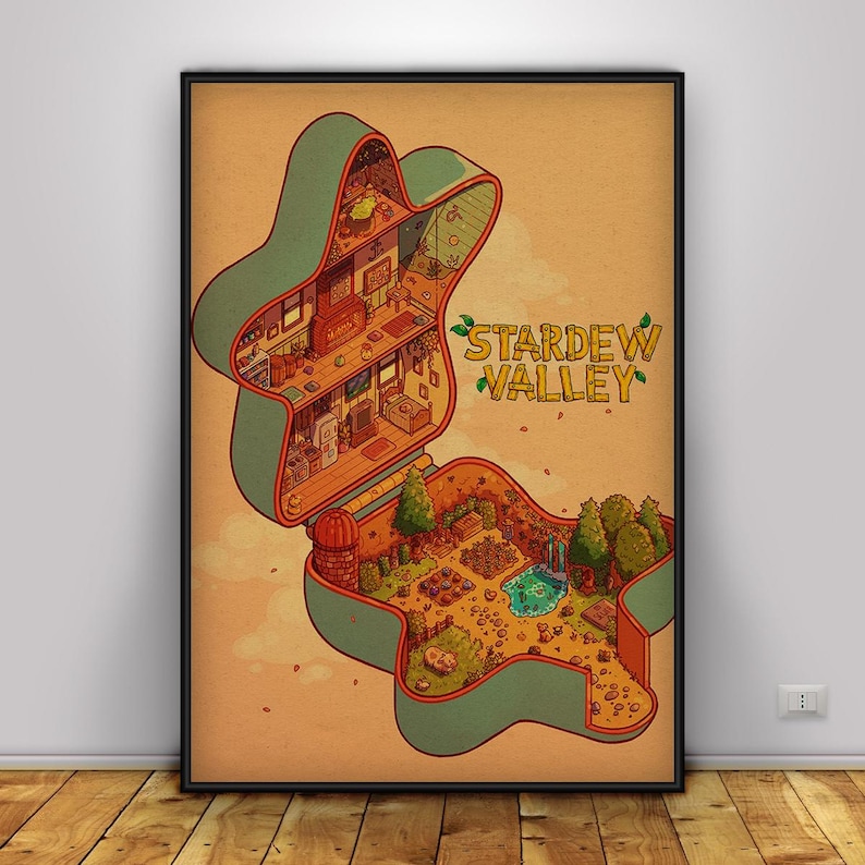 May include: A framed poster featuring a detailed illustration of a Stardew Valley-themed scene. The artwork depicts an open, green, clamshell-shaped structure revealing a cozy interior and an outdoor garden with a pond. The words "Stardew Valley" are written in yellow.