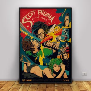 May include: A framed poster featuring the title "Scott Pilgrim vs. the World" in white, stylized text against a red background. The artwork depicts action scenes with characters in a comic book style, with vibrant colors and dynamic poses. The bottom left corner has the text "1-UP".