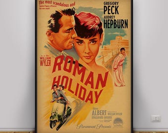 Romeinse vakantieposter, Audrey Hepburn-muurkunst, klassieke romantische komedie, filmdecor, filmafdruk Rome, cadeauposter