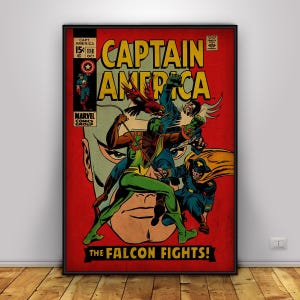 May include: Comic book cover art featuring Captain America and The Falcon in action. Bold yellow text reads "CAPTAIN AMERICA" and "THE FALCON FIGHTS!" on a red background. The artwork depicts a battle scene with vibrant colors and dynamic poses.