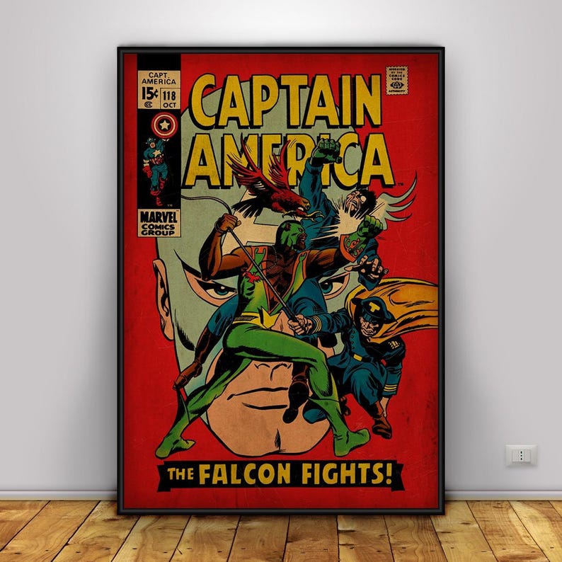 May include: Comic book cover art featuring Captain America and The Falcon in action. Bold yellow text reads "CAPTAIN AMERICA" and "THE FALCON FIGHTS!" on a red background. The artwork depicts a battle scene with vibrant colors and dynamic poses.