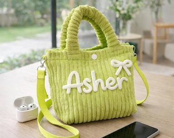 Personalized Corduroy Crossbody Bag with Name, Custom Mini Tote Purse for Kids Teens Women, Soft Ribbed Everyday Gift, Gift for Her