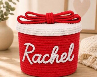 Personalized Cotton Rope Basket with Lid, Custom Name Storage Basket, Nursery Organizer, Key Basket, TV Remote Storage, Baby Shower Gift