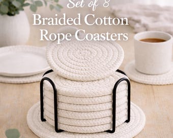 Handmade Cotton Rope Coasters Set of 8, Absorbent Braided Coasters, Heat Resistant Drink Coasters, Housewarming Gift