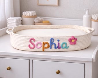 Personalized Moses Basket, Baby Changing Basket, Custom Name Changing Table Topper, Handwoven Cotton Rope Baby Bassinet, Baby Shower Gift