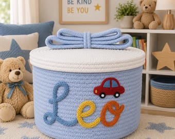Personalized Cotton Rope Basket with Lid, Custom Name Storage Basket, Nursery Organizer, Small Toy Bin, Baby Shower Gift, Kids Birthday Gift