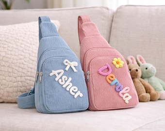 Personalized  Corduroy  Sling Crossbody Bag, Single Shoulder Chest Bag, Back Crossbody Sling Backpack, Custom Name Gift for Kids or Adults