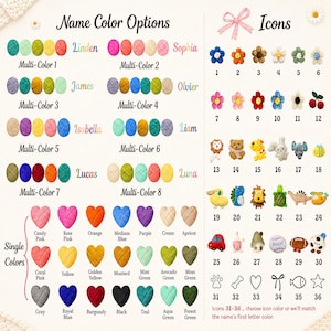 May include: A color chart with options for yarn colors and icons. The chart includes multi-color and single-color options, with names like "Linden" and "Sophia" displayed. Icons include flowers, animals, and other shapes. The text "Name Color Options" and "Icons" are visible.