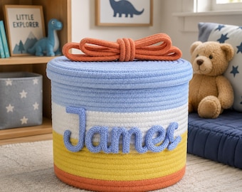 Personalized Cotton Rope Basket with Lid, Custom Name Storage Basket, Nursery Organizer, Toy Bin, Baby Shower Gift, Custom Kids Name Gift