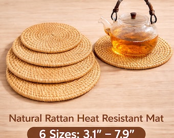 Posavasos y salvamanteles de ratán natural tejido a mano / Agarradera resistente al calor / Protección de mesa / Posavasos de té / Salvamanteles de cocina / Regalo de inauguración de casa