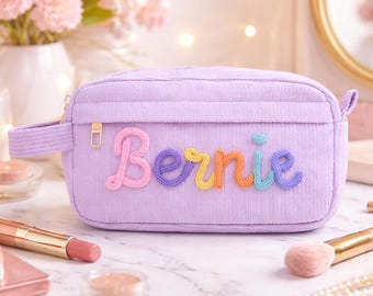 Personalized Corduroy Makeup Bag, Chunky Yarn Name Pouch, Custom Cosmetic Bag with Icon, Bridesmaid Gift, Travel Toiletry Bag