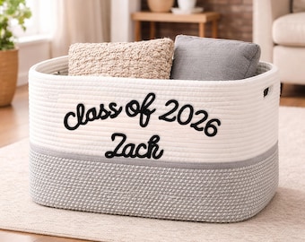 Cesta grande personalizada de cuerda de algodón tejida a mano, regalo para la promoción de 2026, contenedor de almacenamiento con nombre personalizado, cesta de juguetes para la habitación del bebé, organizador para dormitorios universitarios.