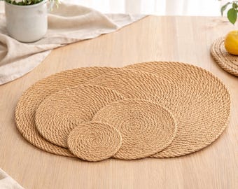 Natural Jute Table Mat & Coaster, Round and Oval Woven Heat Resistant Dining Mat, Handmade Farmhouse Boho Table Decor, Housewarming Gift
