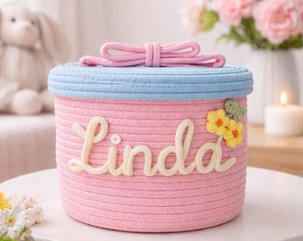 Personalized Cotton Rope Basket with Lid, Custom Name Storage Basket, Nursery Organizer, Small Toy Bin, Kids Birthday Gift, Baby Shower Gift