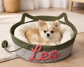 Personalized Hand-woven Cotton Rope Cat Bed, Small Medium Dog Bed, Custom Cat Toy Basket, Custom Kitten Bed, Dog Name Bed, Cat Name Bed