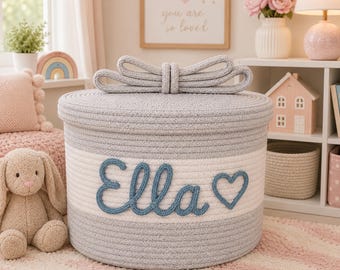 Personalized Cotton Rope Basket with Lid, Custom Name Storage Basket, Nursery Organizer, Small Toy Bin, Keepsake Gift, Baby Shower Gift
