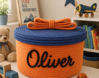 Personalized Cotton Rope Basket with Lid, Custom Name Storage Basket, Nursery Organizer, Small Toy Bin, Baby Shower Gift, Halloween Basket