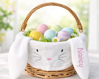 Canasta de Pascua personalizada con forma de conejito, canasta de mimbre hecha a mano, canasta de huevos de Pascua con nombre personalizado para niños, canasta de búsqueda de huevos de primavera, regalo de primavera