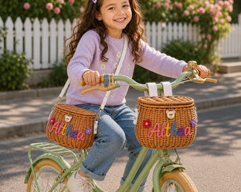 Personalized Kids Bike Basket with Lid, Custom Name Basket Bag, Name Bicycle Basket for Girls Boys, Scooter Basket, Kids Birthday Gift