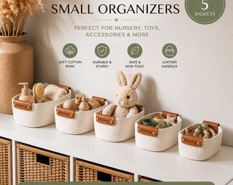 Set of 5 Personalized Storage Baskets, Cotton Rope Organizer Basket with Engraved Name, Nursery Shelf Basket Set, Bathroom Organizer