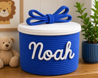 Personalized Cotton Rope Basket with Lid, Custom Name Storage Basket, Nursery Organizer, Entryway Key Basket, Small Toy Bin, Kids Name Gift