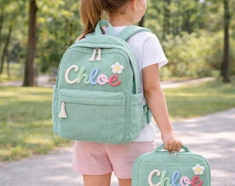 Personalized Kids Backpack Lunch Bag Set, Corduroy School Backpack, Kids School Bag, Custom Kids Name Lunch Bag, Kids Back to School Gift