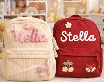 Personalized Corduroy Backpack, Hand Yarn Name Backpack, Kids Backpack, Custom Kids Name Bag, Kids School Backpack, Kids Name Gift