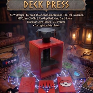 May include: A red 3D printed deck press tool with a black screw mechanism for compressing trading cards. The device features modular logo plates including designs for Pokémon, MTG, and Yu-Gi-Oh. Text on the image reads DECK PRESS and for replaceable plates.