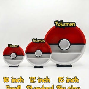 May include: Three-piece set of red, white, and black Pokemon-themed shelves. The shelves are circular, resembling Poke Balls, with the word "Pokemon" on top. Sizes include 10-inch, 12-inch, and 15-inch options, labeled as small, standard, and big size.