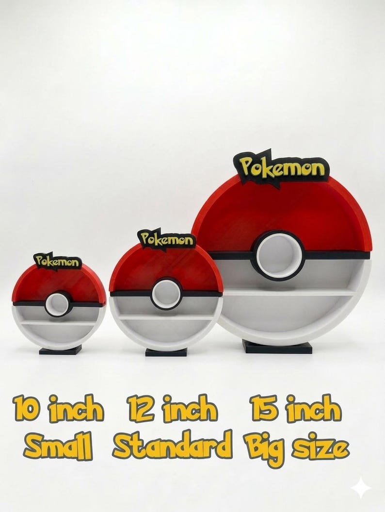 May include: Three-piece set of red, white, and black Pokemon-themed shelves. The shelves are circular, resembling Poke Balls, with the word "Pokemon" on top. Sizes include 10-inch, 12-inch, and 15-inch options, labeled as small, standard, and big size.