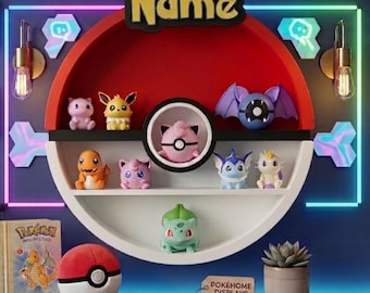 Soporte de exhibición con placa de nombre personalizada de Pokémon - Soporte para figuras de anime personalizadas - Estante de pared estilo Pokébola - Base de colección - Regalo ideal para él/ella