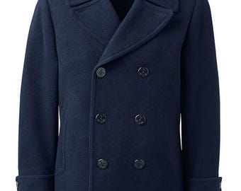 Men’s Navy Blue Wool Coat – Celebrity Inspired Classic Double Breasted Peacoat