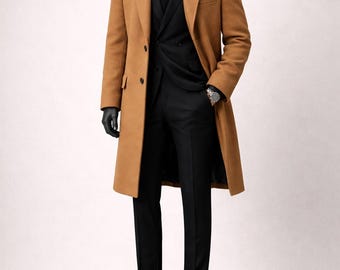 May include: A camel-coloured overcoat worn over a black suit consisting of a double-breasted blazer, a black dress shirt, a black tie, and black trousers. The ensemble is completed with black dress shoes and a silver-toned wristwatch on the wrist.
