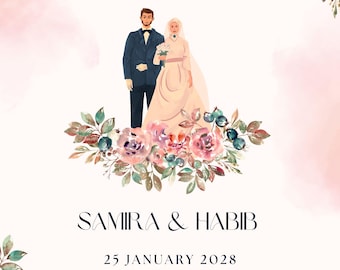 May include: A wedding invitation featuring a watercolour illustration of a couple, with the text JOIN US FOR THE WEDDING OF SAMIRA & HABIB, 25 JANUARY 2028, 123 ANYWHERE ST., ANY CITY, ST 12345, surrounded by pink floral accents and green leaves.
