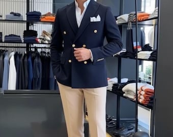 Herren Navy Zweireiher Blazer Creme Hosenanzug | Taillierte Passform, Gold Knöpfe