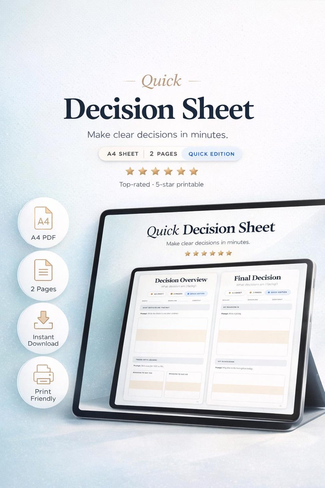 Quick Decision Sheet – Printable Decision-making Worksheet | Instant ...