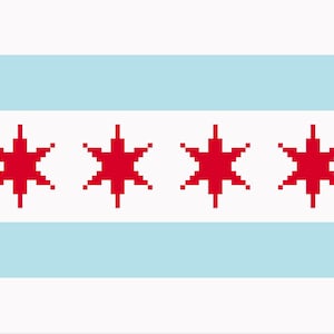 May include: A rectangular flag featuring three horizontal stripes of white, light blue, and white. The center white stripe contains four red, six-pointed stars arranged in a horizontal row, each designed with a pixelated, blocky aesthetic.