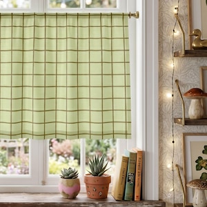 May include: A light green window curtain featuring a dark green grid pattern, hanging from a metal rod. The curtain is positioned above a wooden windowsill holding two small potted succulent plants and three books standing upright in a row.