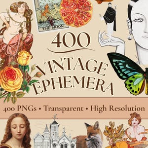 以下が含まれることがあります： 「400 VINTAGE EPHEMERA」と題されたデジタルコレクションで、高解像度の透明なPNGファイルが400点含まれています。画像には、女性、タロットカード、ザクロ、蝶、キツネ、城などの様々なイラストが描かれています。