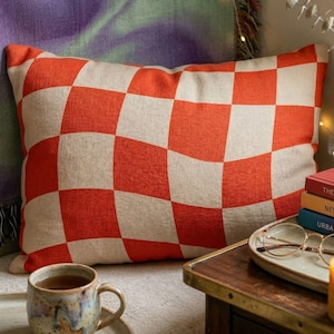 Red Checkered Pillow Cushion Cover Removable Polyester Sofa Rectangular Throw Wavy Design Eclectic Checkerboard Pattern Coral Accent Couch