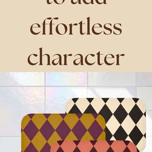 May include: A collection of rectangular bath mats featuring a repeating diamond argyle pattern in various color combinations including lavender and olive, mustard and plum, coral and maroon, and black and cream, with text reading 5 apartment-friendly ideas to add effortless character.