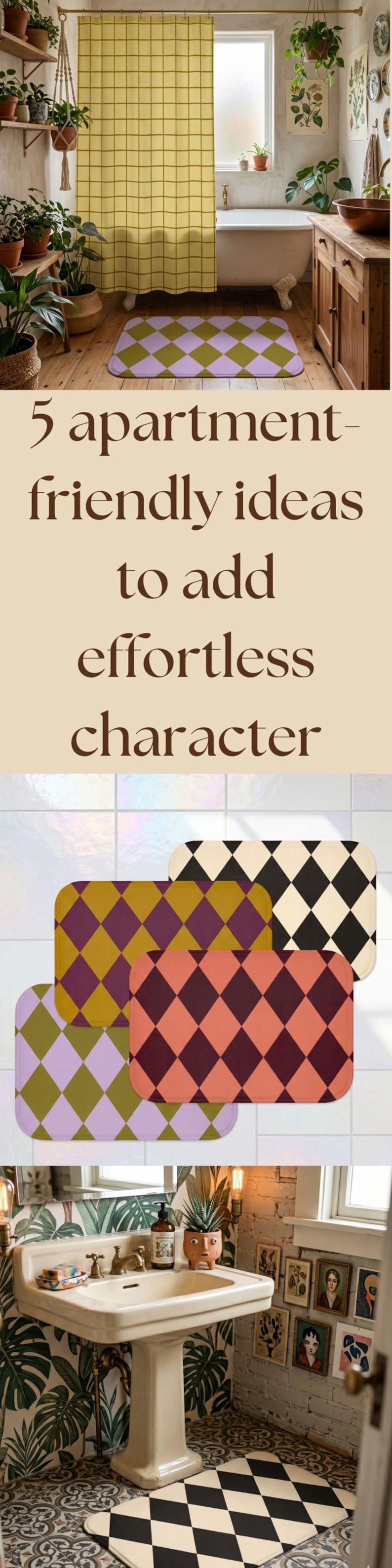 May include: A collection of rectangular bath mats featuring a repeating diamond argyle pattern in various color combinations including lavender and olive, mustard and plum, coral and maroon, and black and cream, with text reading 5 apartment-friendly ideas to add effortless character.