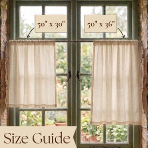 May include: Two beige, semi-sheer cafe curtains hanging on a rod. The left curtain is labeled 50 inches by 30 inches, and the right curtain is labeled 50 inches by 36 inches. The text Size Guide is displayed at the bottom of the image.