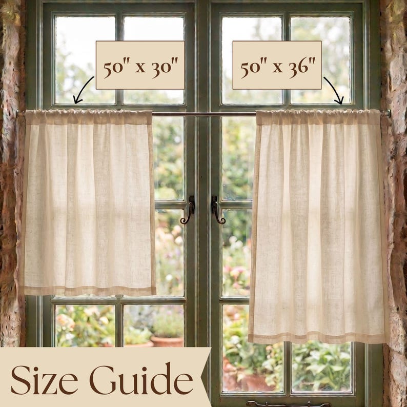 May include: Two beige, semi-sheer cafe curtains hanging on a rod. The left curtain is labeled 50 inches by 30 inches, and the right curtain is labeled 50 inches by 36 inches. The text Size Guide is displayed at the bottom of the image.