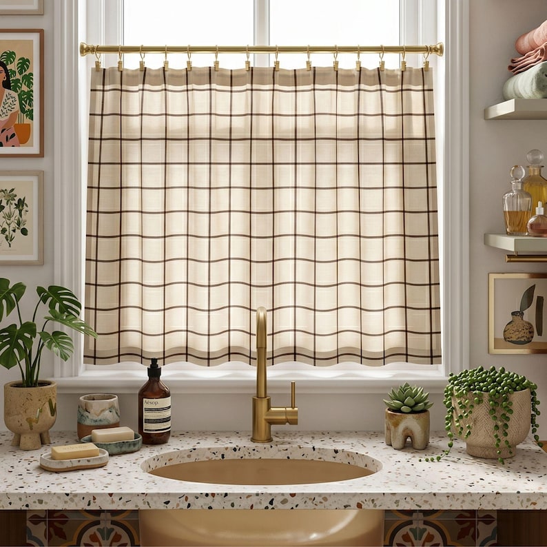 Light Filtering Privacy Screen Check Pattern Cafe Curtain Sheer Shabby Chic Decor Grid Design Eclectic Home Retro Kitchen Baking Gift Idea Multicolored Linear Graphic Urban Dwelling Decoration Artistic Window Focal Point Eye Catching Pattern Work Functional Home Art Installation Sustainable Material Choice Versatile Decorating Option Bold Statement Piece Maximalist Interior Design Asset Trendy Dorm Decoration Whimsical Surrealist Composition