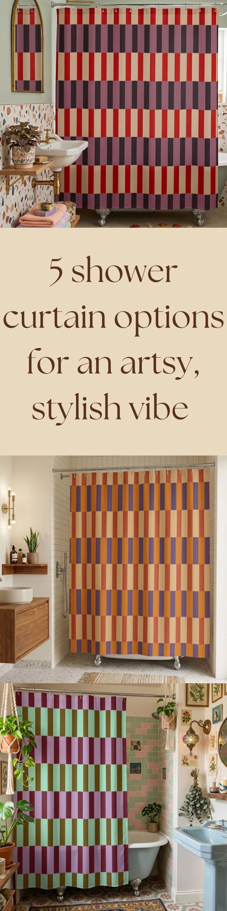 Pu&ograve; includere: Una collezione di tre tende da doccia caratterizzate da un motivo ripetuto di blocchi rettangolari verticali in varie combinazioni di colori, tra cui rosso, viola, crema, arancione e verde menta, mostrate in diversi bagni.